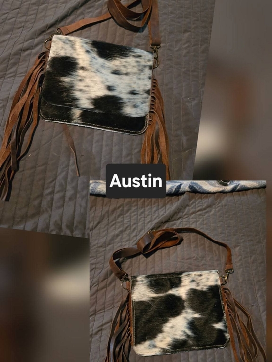 Handbags - Cowhide Fringe Crossbody Bag in Black & White with Brown Suede Strap